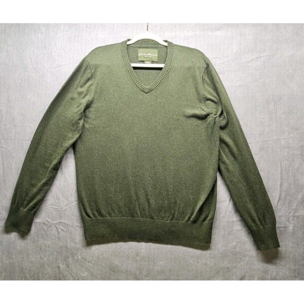 Eddie Bauer Mens Green Cashmere Cotton Sweater Size Medium Pullover V-Neck